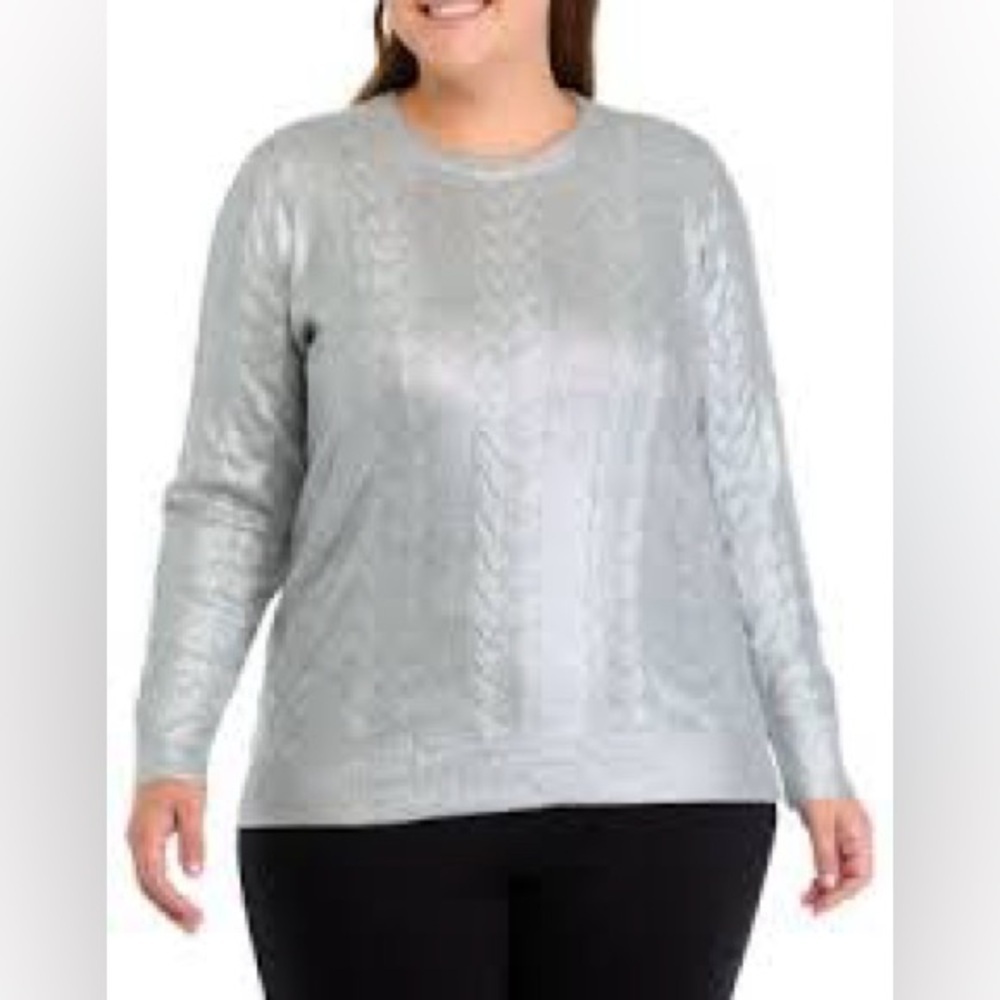 Crown & Ivy Plus Size 2X Silver Metallic Cable Knit Sweater NWT
